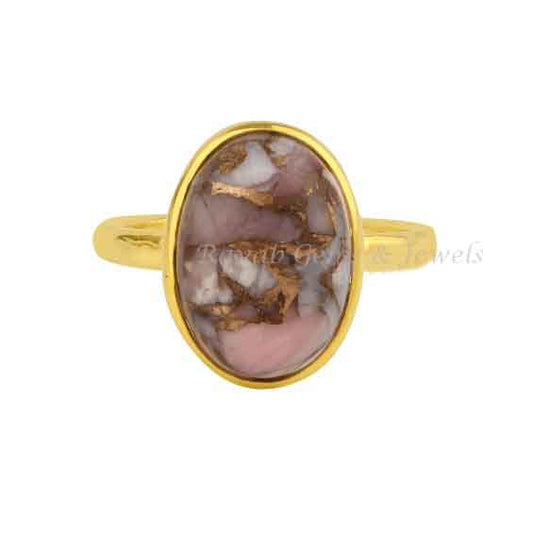 Pink Opal Copper Oval Ring, 925 Sterling Silver Gold Plated Ring, Gemstone Ring, 10x14mm Gemstone Ring, Personalized Ring For Her