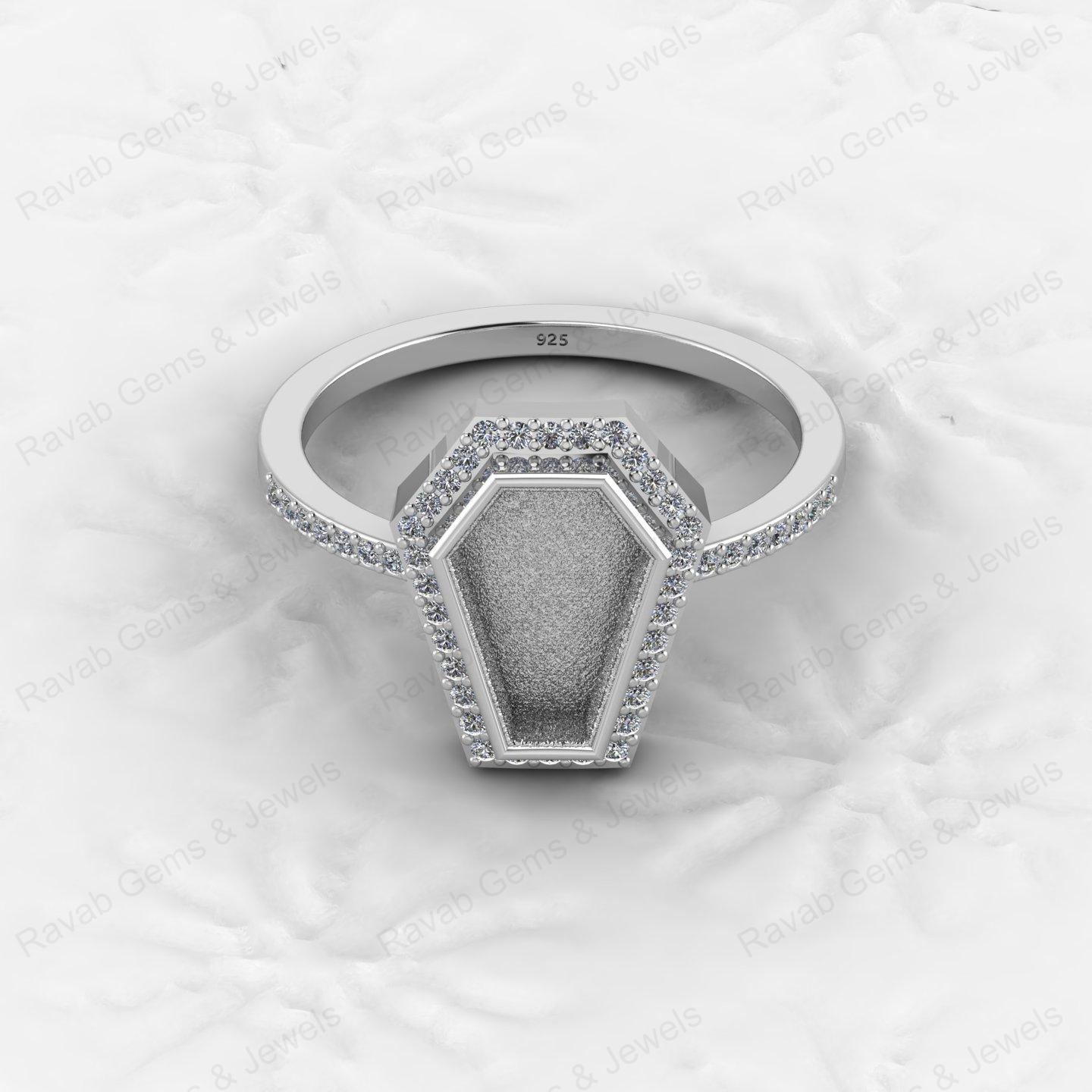 Custom Design 925 Sterling Silver Coffin Shape CZ Semi Mount Blank Setting Ring for Gemstone Findings Without Stone Jewelry