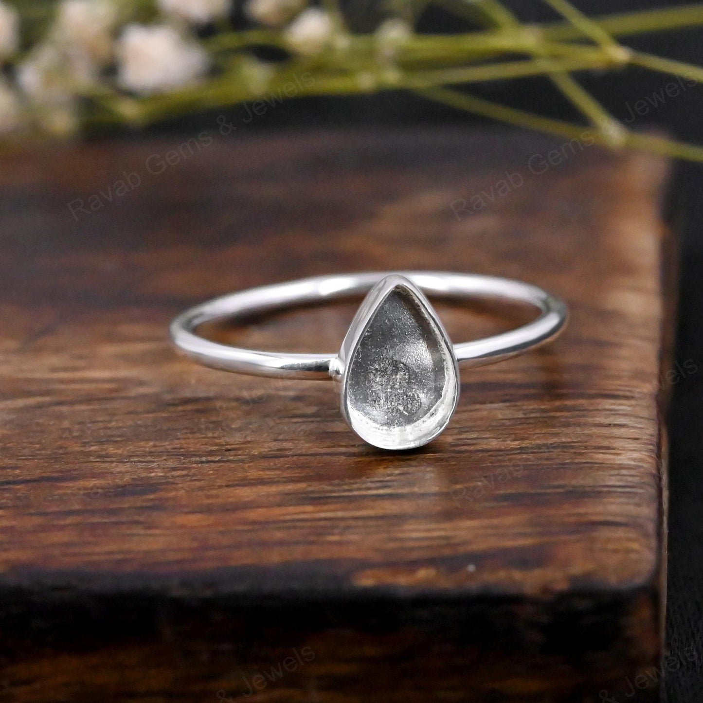 Genuine 925 Sterling Silver 7x9mm Pear Bezel Setting Simple Band Minimalist Ring Good For Resin & Ashes Work Keepsake Jewelry