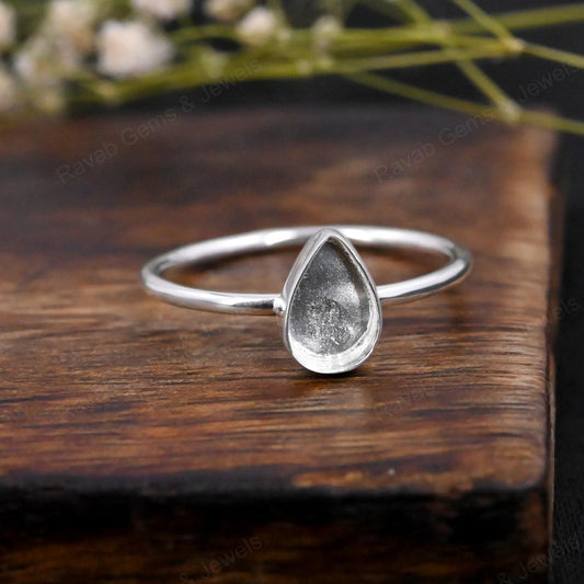 Genuine 925 Sterling Silver 7x9mm Pear Bezel Setting Simple Band Minimalist Ring Good For Resin & Ashes Work Keepsake Jewelry