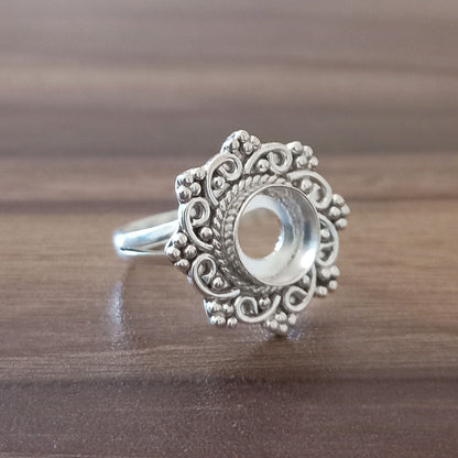 Solid 925 Sterling Silver Flower Bezel 7mm Cup Round Close Blank Collet Ring Bezel Setting Semi-Mount Blank Setting Ring Jewelry