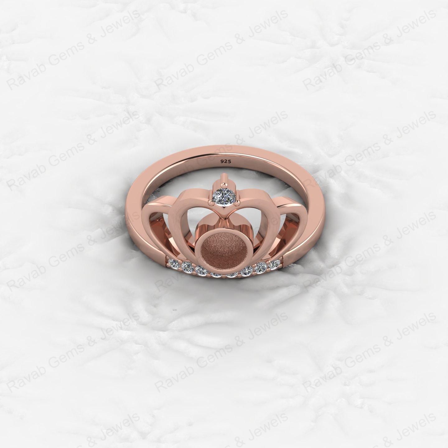 High Quality 925 Silver Princess Crown 6mm Round CZ Semi Mount Blank Bezel Breastmilk Keepsake Resin Ashes Ring Setting Jewelry