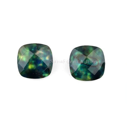 Green Ammolite Quartz 12mm Cushion Shape Faceted Gemstone Faceted Briolette, Green Ammolite Quartz Loose Gemstone for Jewelry Making - 2 Pcs