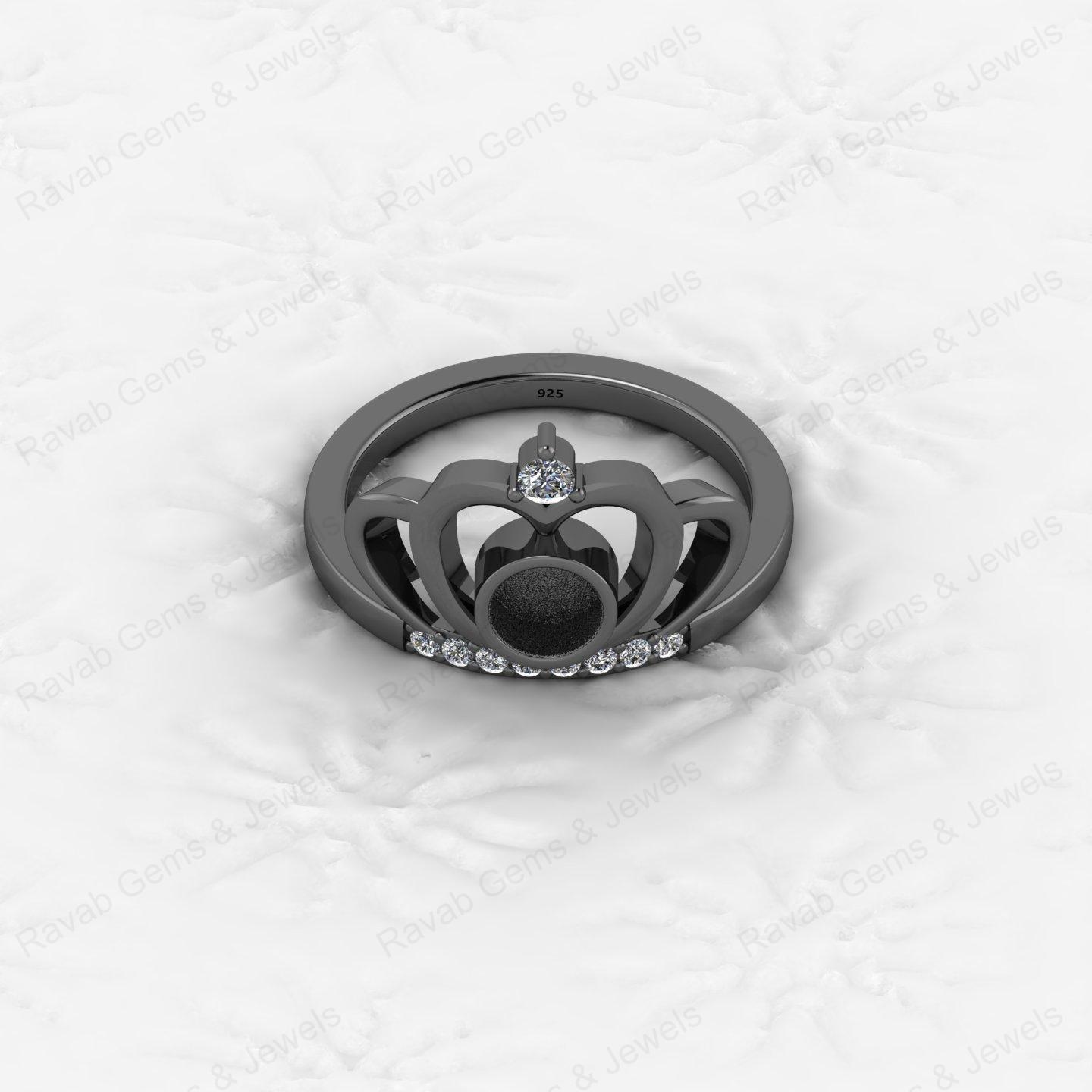High Quality 925 Silver Princess Crown 6mm Round CZ Semi Mount Blank Bezel Breastmilk Keepsake Resin Ashes Ring Setting Jewelry