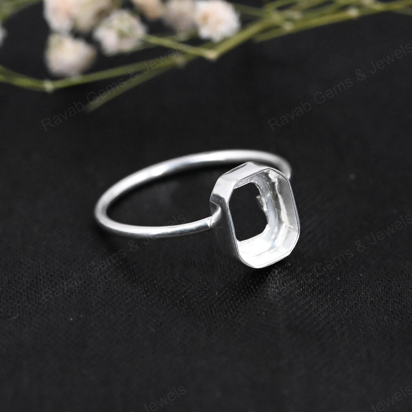 Genuine Solid 925 Sterling Silver Octagon Shape 8x10mm Bezel Setting Semi-Mount Blank Setting Simple Band Fine Ring For Women