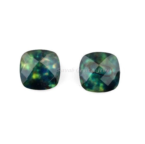 Green Ammolite Quartz 12mm Cushion Shape Faceted Gemstone Faceted Briolette, Green Ammolite Quartz Loose Gemstone for Jewelry Making - 2 Pcs