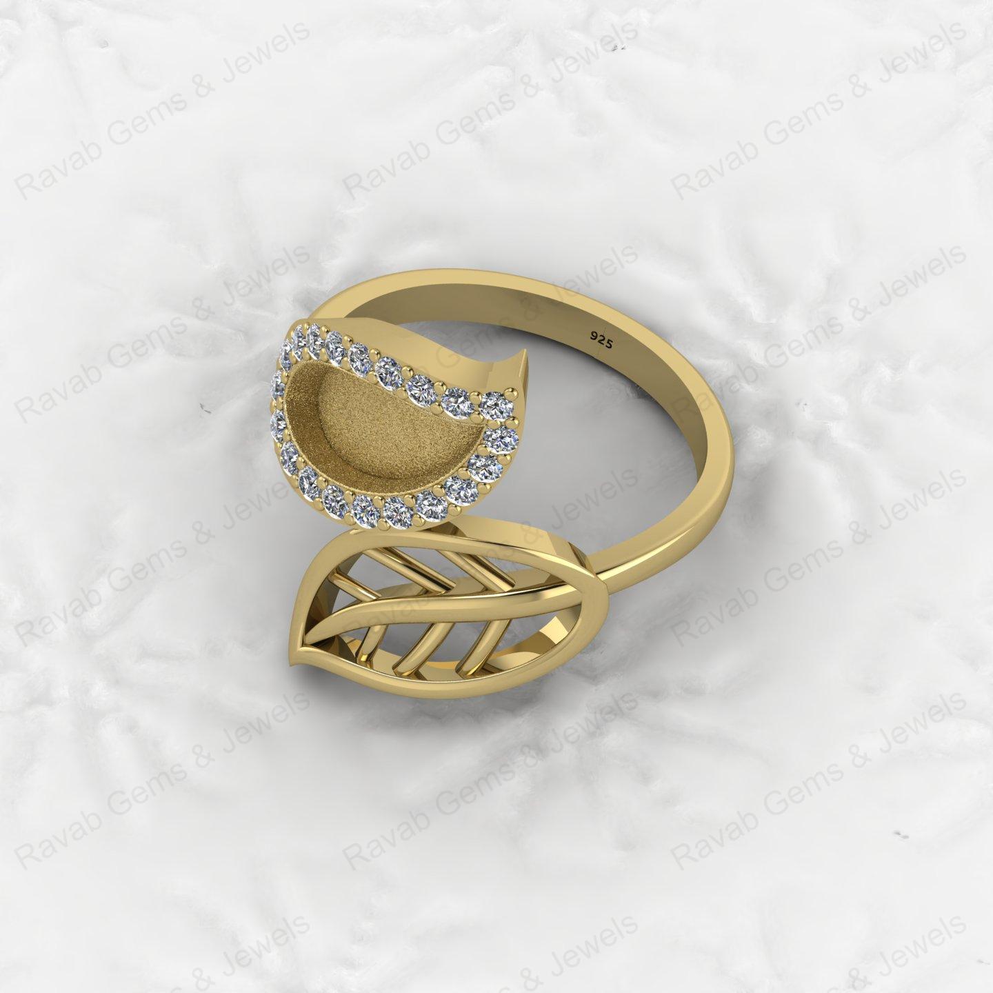 Genuine 925 Silver Nature Inspired Leaf With CZ Semi Mount Blank Setting Ring Good for Resin & Ashes Work Keepsake DIY Jewelry