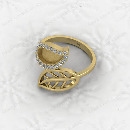 Genuine 925 Silver Nature Inspired Leaf With CZ Semi Mount Blank Setting Ring Good for Resin & Ashes Work Keepsake DIY Jewelry