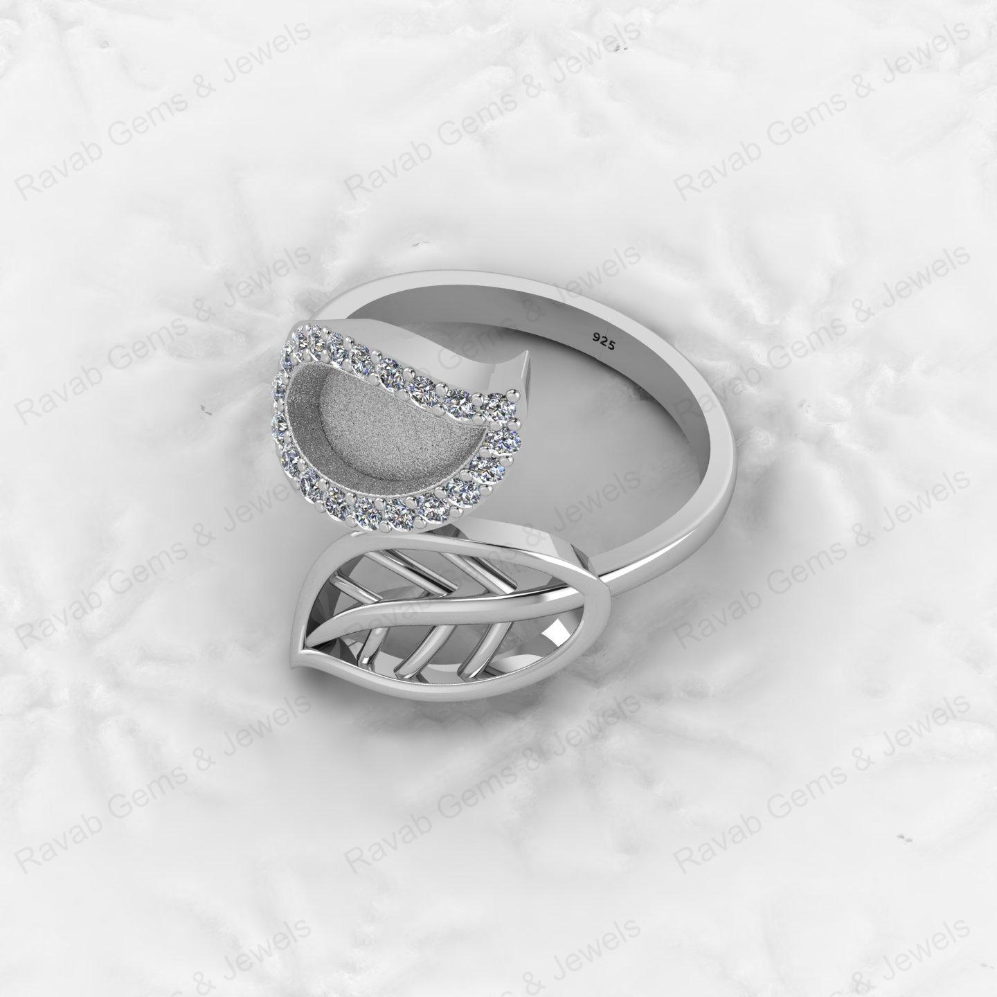 Genuine 925 Silver Nature Inspired Leaf With CZ Semi Mount Blank Setting Ring Good for Resin & Ashes Work Keepsake DIY Jewelry