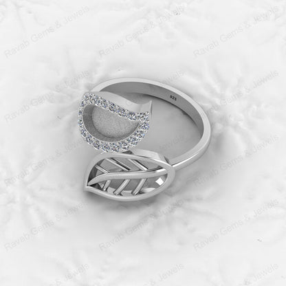 Genuine 925 Silver Nature Inspired Leaf With CZ Semi Mount Blank Setting Ring Good for Resin & Ashes Work Keepsake DIY Jewelry