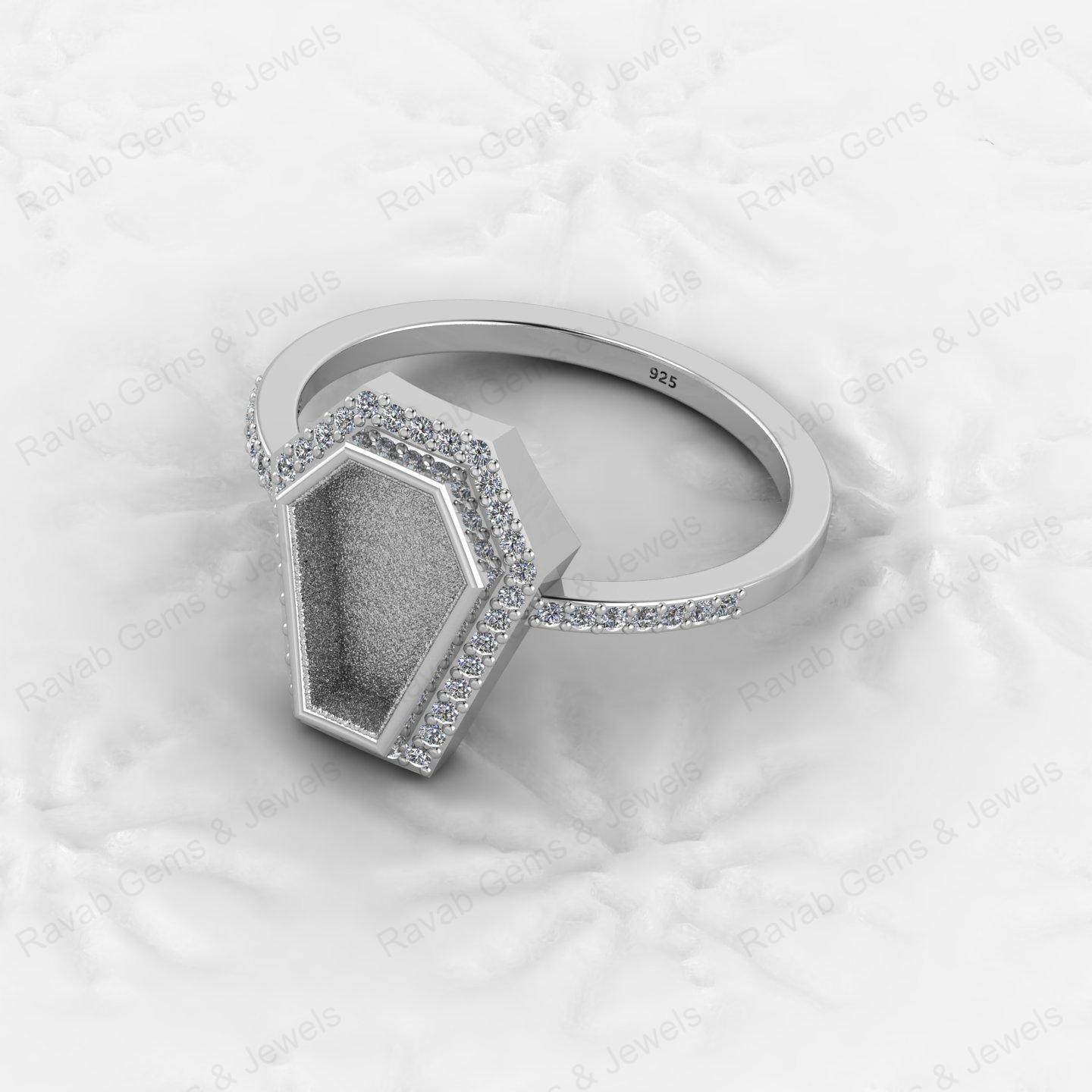 Custom Design 925 Sterling Silver Coffin Shape CZ Semi Mount Blank Setting Ring for Gemstone Findings Without Stone Jewelry