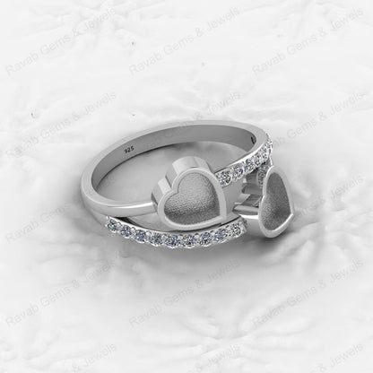 925 Silver Sterling Double 6x6mm Heart CZ Semi Mount Blank Setting Ring for DIY Jewelry Good Resin Ashes Work Keepsake