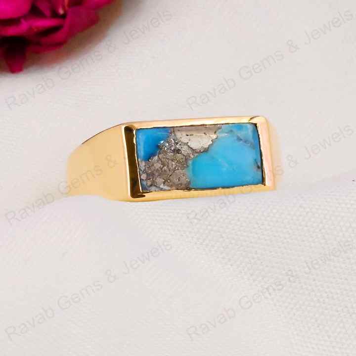 Best Selling 7x14mm Natural Pyrite Turquoise Gemstone Handmade 925 Silver Rectangle Vermeil Eternity Ring Fine Jewelry For Men's