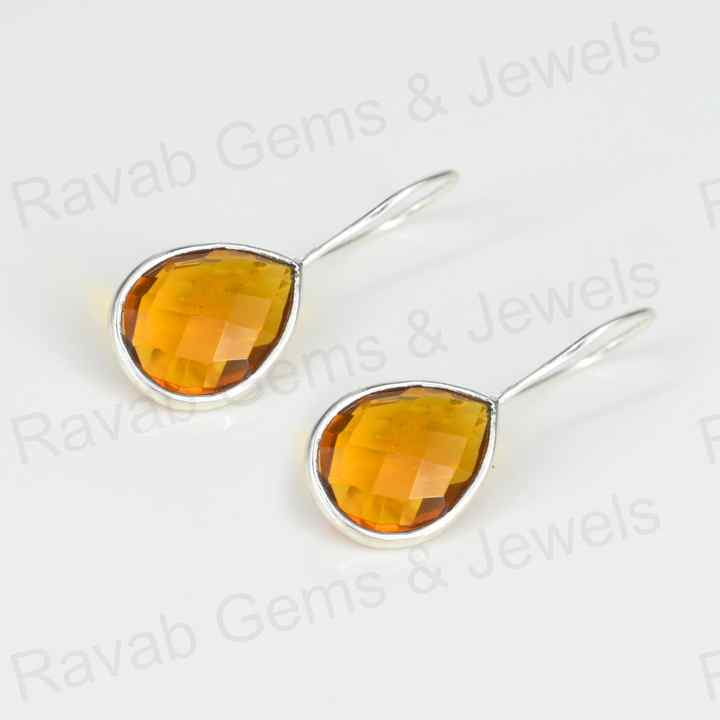 New Arrival Solid 925 Sterling Silver Citrine Hydro Quartz Pear Checker Cut Bezel Setting Dangle Drop Earring for Women Jewelry