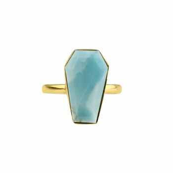 Beautiful High Polish Gold Plated Silver Coffin Shape Ring 10x17mm Natural Dominican Sky Blue Larimar Gemstone Jewelry for Women