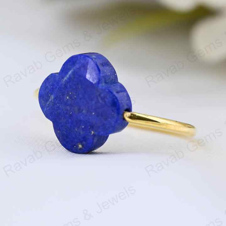 Best Selling Natural Lapis Lazuli Clover Flower Shape Gemstone Solid 925 Silver 18k Gold Plated Rotating Women Ring Fine Jewelry