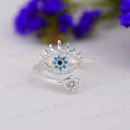 Best Selling Handmade 925 Sterling Silver Pave Zircon Lucky Eye Turkish Adjustable Prong Women Ring Minimalist Fine Jewelry