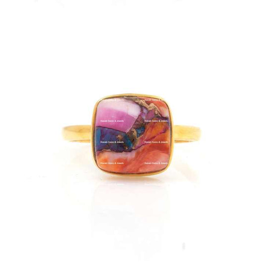 Best Selling Genuine Pink Dahlia Spiny Oyster Copper Turquoise Gemstone 18k Gold Filled Sterling Silver Cushion Ring for Women
