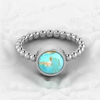 Best Selling 925 Sterling Silver Fine Ring for Women 8mm Natural Arizona Turquoise Stone Beaded Band with Bezel