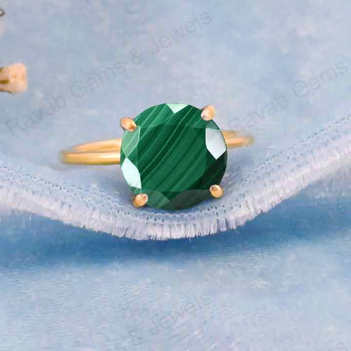 Best Selling 10mm Natural Malachite Gemstone Round Faceted Cut Genuine 925 Silver Gold Vermeil Eternity Women Ring Fine Jewelry