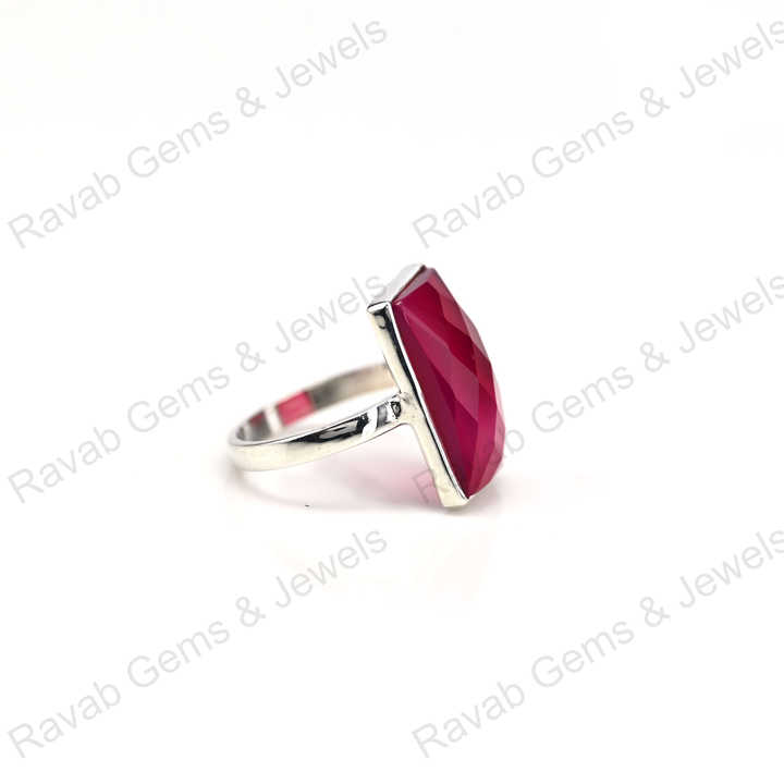 Best Quality Solid 925 Sterling Silver Pink Fuchsia Chalcedony Checker Cut Rectangle Shape Ring for Women Fine Handmade Jewelry