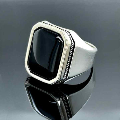 Classic Natural Black Onyx Cabochon Octa Cushion 12x16mm Bezel Setting Solid 925 Sterling Silver Mens Fine Signet Ottoman Ring