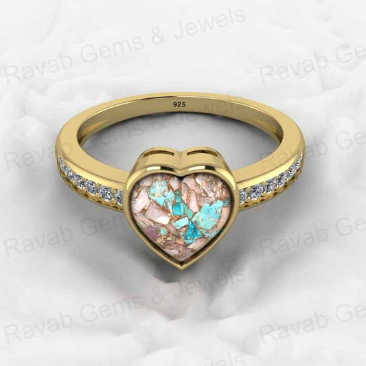 Top Selling Genuine 925 Silver 8x8mm Heart Pink & Blue Copper Turquoise Gemstone Ring for Women Valentine Gift Idea Jewelry