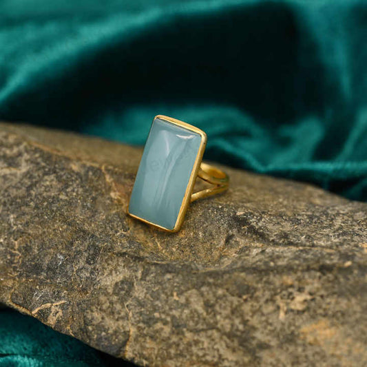 Best Selling 10x20mm Blue Chalcedony Stone 925 Silver Gold Vermeil Eternity Handmade Rectangle Bezel Women's Ring Fine Jewelry