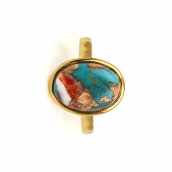 New Arrival Solid 925 Sterling Silver 18k Gold Plated Natural Spiny Oyster Copper Turquoise Oval Bezel Setting Ring for Women