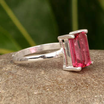 Top Selling Red Tourmaline Quartz Baguette Shape 10x14mm Solid 925 Sterling Silver Double Prong Setting Women Ring Best Gift Mom