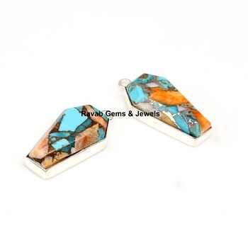 Top Quality Mohave Spiny Oyster Copper Turquoise 925 Silver 10x17mm Coffin Charm Pendant For Bracelet Necklace Fine Jewelry