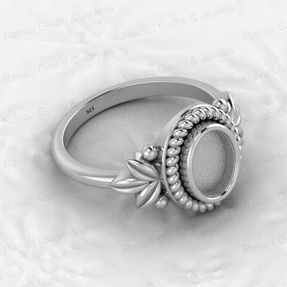 Solid 925 Sterling Silver 6x8mm Oval Bezel Cup Semi Mount Ring Setting Leaf Braided Resin Ashes Work Keepsake Jewelry Component