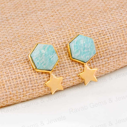Beautiful 12mm Amazonite Hexagon Gemstone With Star Handmade Solid 925 Silver 18k Gold Drop Drizzle Earring Fine Jewelry For Her
