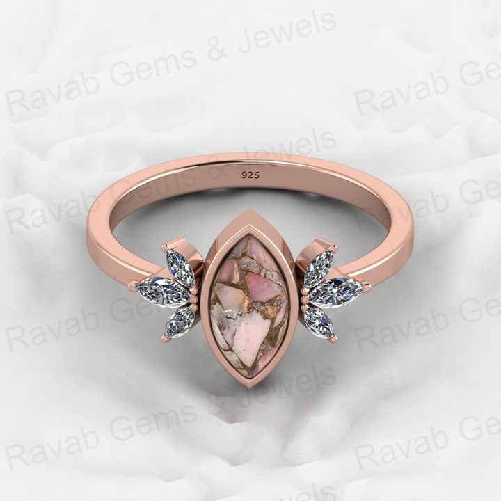 Top Selling Marquise Designer Ring Genuine 925 Silver Pink Copper Turquoise Gemstone Bezel Setting Fine Jewelry Trusted