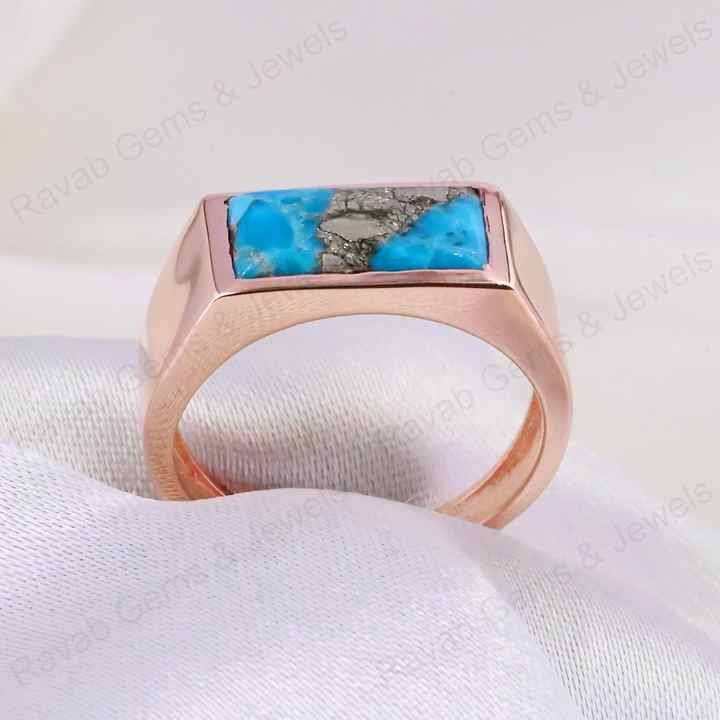 Best Quality Natural Pyrite Turquoise Gemstone Solid 925 Sterling Silver 18k Rose Gold Plated Ring For Women Party Fine Jewelry