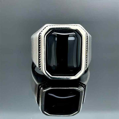 Classic Natural Black Onyx Cabochon Octa Cushion 12x16mm Bezel Setting Solid 925 Sterling Silver Mens Fine Signet Ottoman Ring