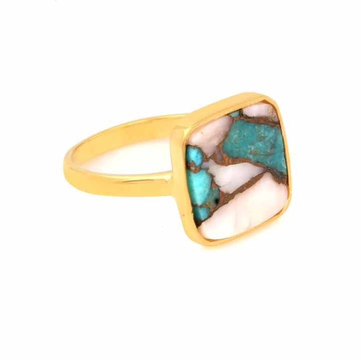 Solid 925 Sterling Silver 18k Gold Plated Pink Opal Copper Turquoise 12mm Cushion Bezel Setting Handmade Women Ring
