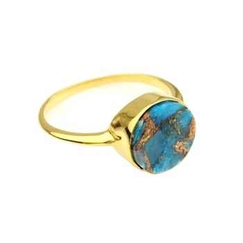 18K Gold Plated 925 Silver Ring Beautiful 12mm Natural Mohave Blue Copper Turquoise Gemstone Bezel Setting Fine Her Jewelry