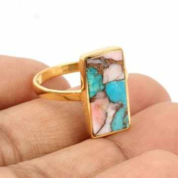 12mm Mohave Turquoise Spiny Oyster 18K Gold Plated Dainty Boho Designer Cushion Ring Fine Sterling Silver Her Gemstone Ring