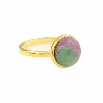 Superb 10mm Natural Ruby Zoisite Round Cabochon Bezel 18K Gold Plated 925 Silver Minimalist Fine Jewelry Dainty Ring for Women