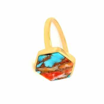 Top Quality Solid 925 Sterling Silver 18k Gold Plated Kingman Mohave Spiny Oyster Copper Turquoise 12mm Hexagon Shape Ring