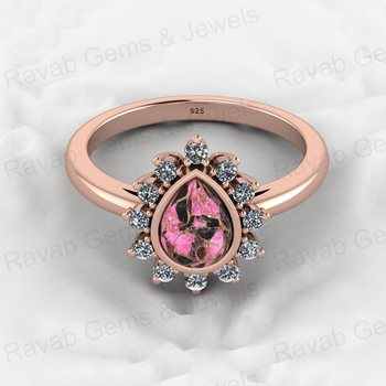 Top Selling 925 Genuine Silver Women's Engagement Ring 6X8mm Pear Pink Black Copper Turquoise Gemstone CZ Wedding Jewelry