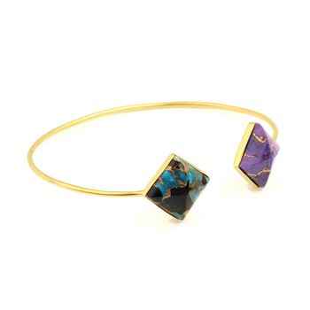 Natural Gemstone Blue Black Purple Copper Turquoise Sterling Silver Gold Plated Cuff Bangle for Men and Women