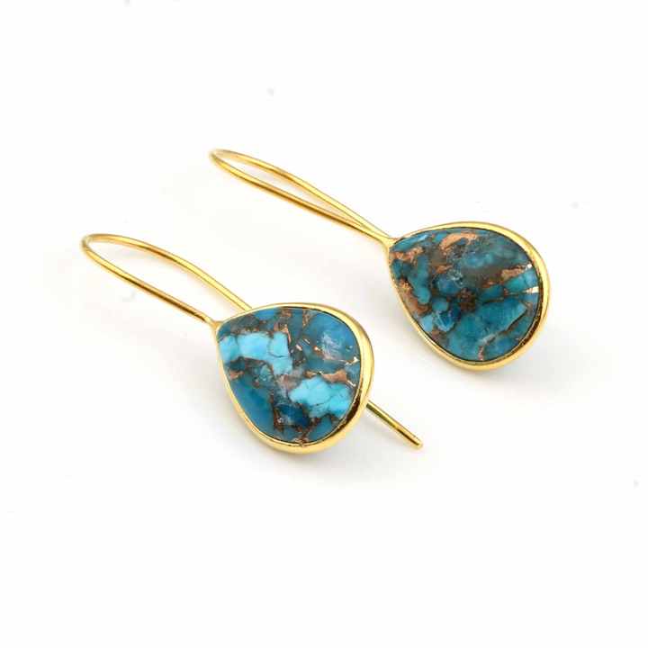 High Quality 12x16mm Natural Blue Copper Turquoise Mohave Stone Jewelry 18k Gold Plated Sterling Silver Drop Earrings for Women