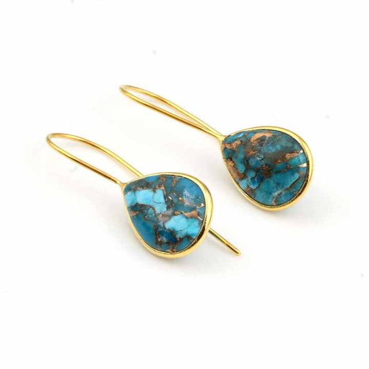 High Quality 12x16mm Natural Blue Copper Turquoise Mohave Stone Jewelry 18k Gold Plated Sterling Silver Drop Earrings for Women