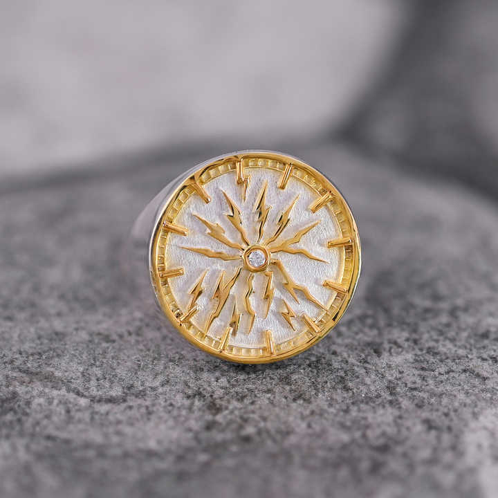 Top Selling Solid 925 Silver 18mm Round CZ Watch Dial Patterned Two Tone Personalized Signet Memento Ring Fine Jewelry For Men's