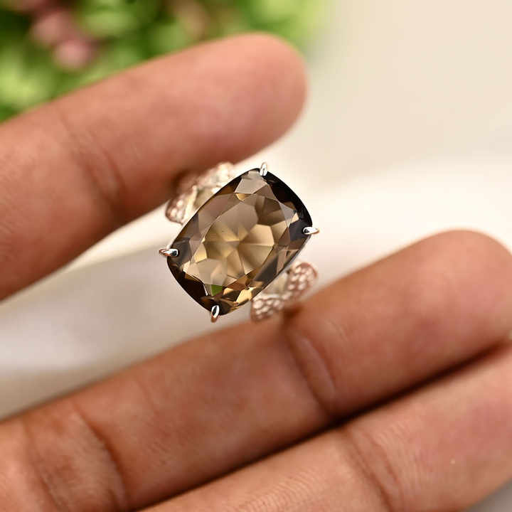 Best Quality Solid 925 Sterling Silver Sparkling Smoky Quartz Octa Cushion 10x14mm Prong Setting Ring Women Party Jewelry
