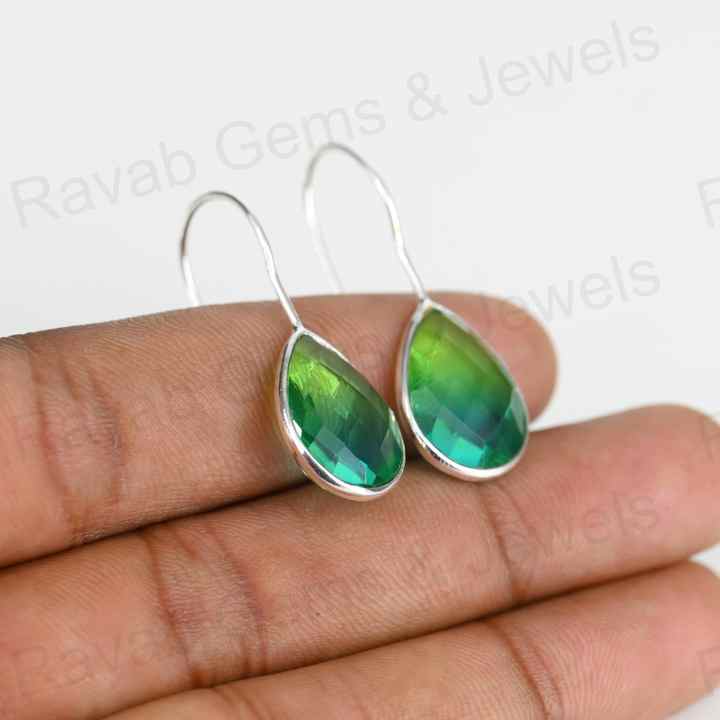 Best Quality Solid 925 Sterling Silver Watermelon Tourmaline Quartz Pear Checker Cut Dangle Drop Earring for Women Fine Jewelry