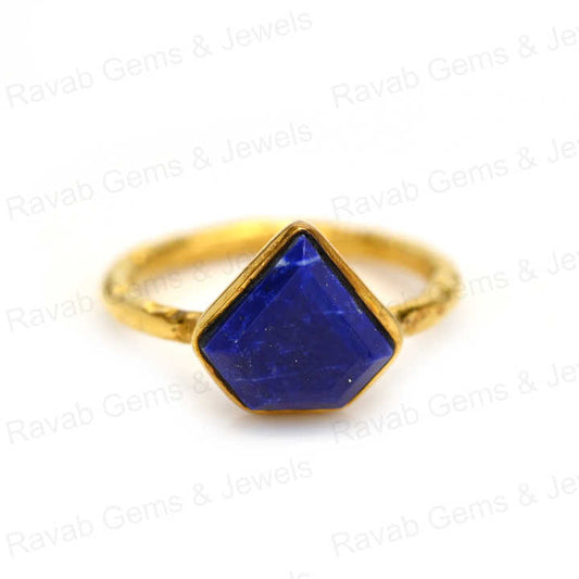 Best Selling 925 Silver Gold Vermeil Natural 10mm Lapis Lazuli Gemstone Diamond Cut Bezel Eternity Ring Fine Jewelry for Women