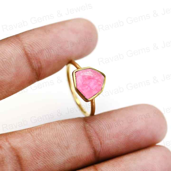 Latest Design 12x14mm Natural Pink Strawberry Quartz Gemstone Bezel Handmade 18K Gold Plated Silver Dainty Fancy Ring for Her
